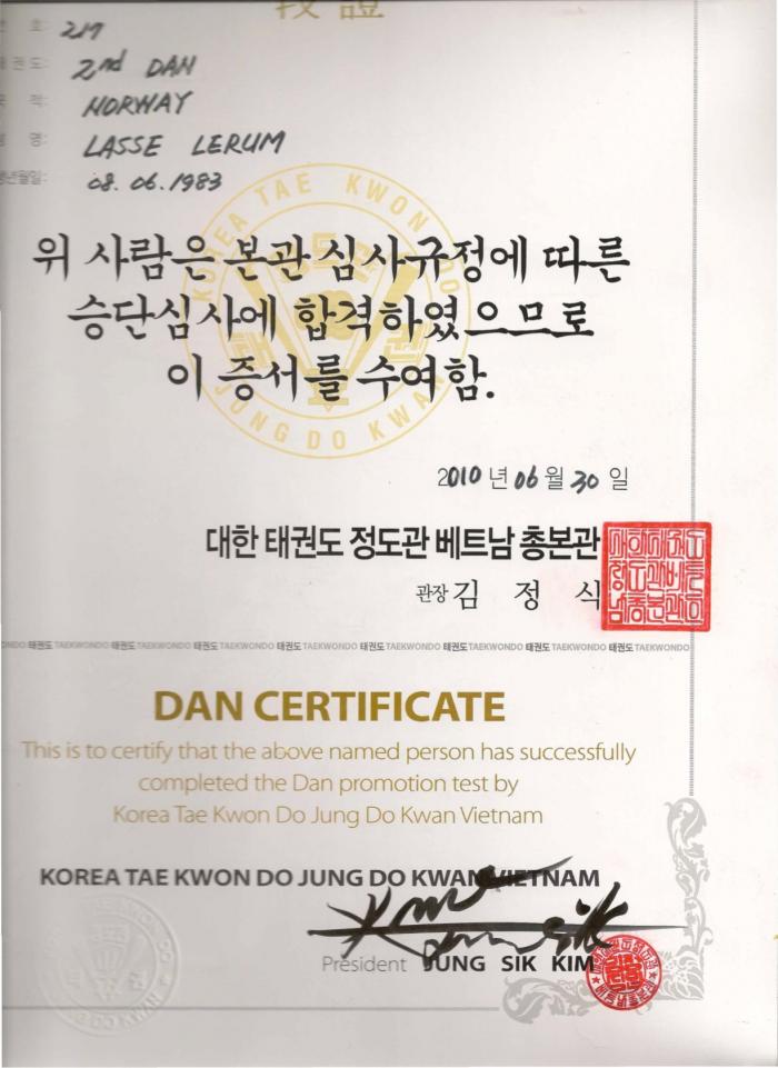 Black belt 2nd dan · June 30, 2010 · Promoted by Grand Master Jung Sik Kim