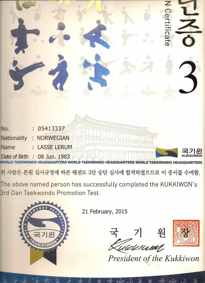 Black belt 3rd dan · June 1, 2012 · Promoted by Grand Master Sigvald Martinsen