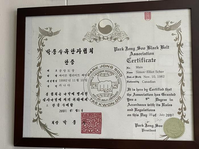 Black belt 5th dan · July 25, 2008 · Promoted by Grand Master Park Jong Soo