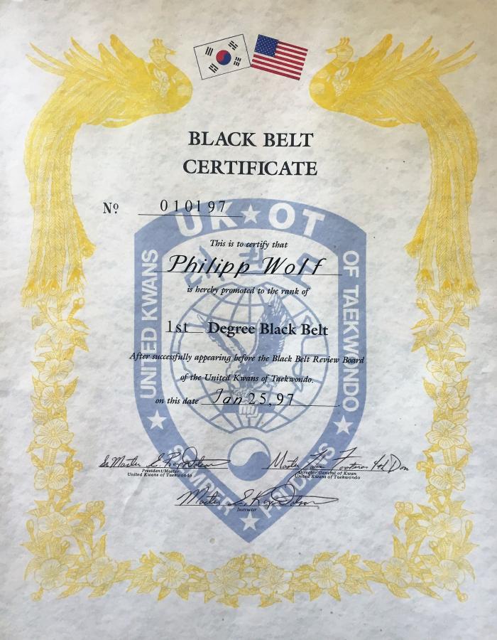 Black belt 1st dan · July 5, 1996 · Promoted by Jong-Kil Kang, Chong-Yun Bae; Kukkiwon