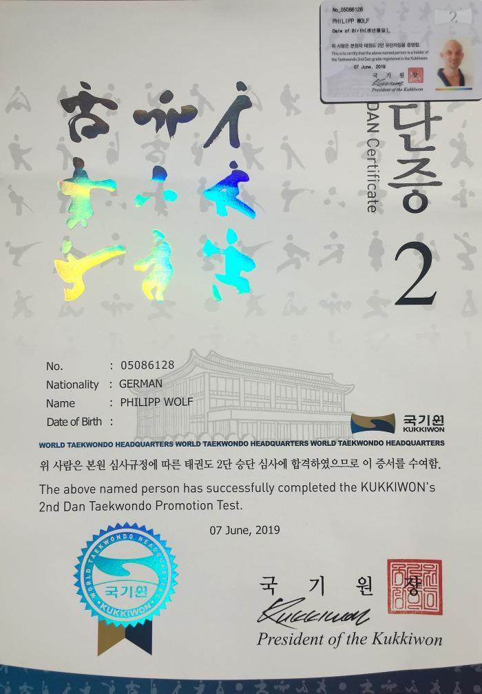 Black belt 2nd dan · May 18, 2019 · Promoted by Detlef Rößler, 8.Dan Jidokwan Korea, Dan Nummer 1467, 7.Dan Kukkiwon, Dan Nummer 05004188 and Thomas Kleinhardt 4.Dan