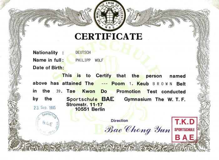 Brown belt · September 23, 1995 · Promoted by Jong-Kil Kang and Chong-Yun Bae