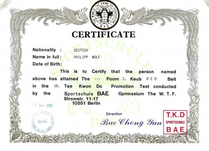 Red belt · March 25, 1995 · Promoted by Jong-Kil Kang, Chong-Yun Bae