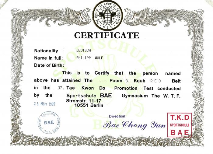 Red belt · March 25, 1995 · Promoted by Jong-Kil Kang, Chong-Yun Bae