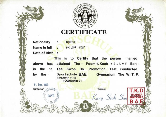 Yellow belt · December 11, 1993 · Promoted by Soek Sun Kang