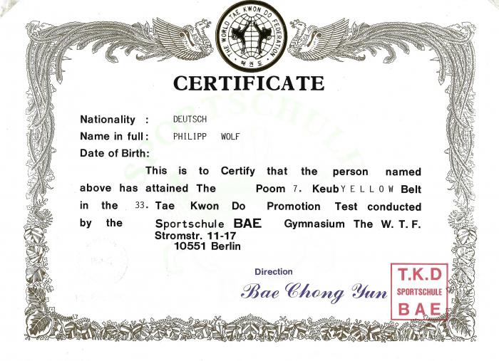 Yellow belt · December 11, 1993 · Promoted by Soek Sun Kang