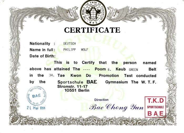Green belt · May 21, 1994 · Promoted by Jong-Kil, Kang