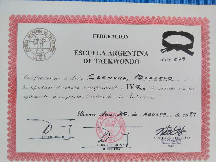 Black belt 4th dan · August 30, 1999 · Promoted by Gran Master Kim Chang Han