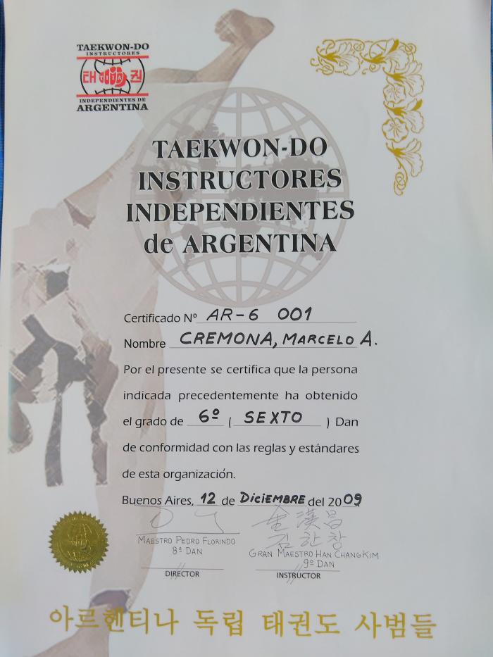 Black belt 6th dan · December 12, 2009 · Promoted by Gran Master Kim Chang Han
