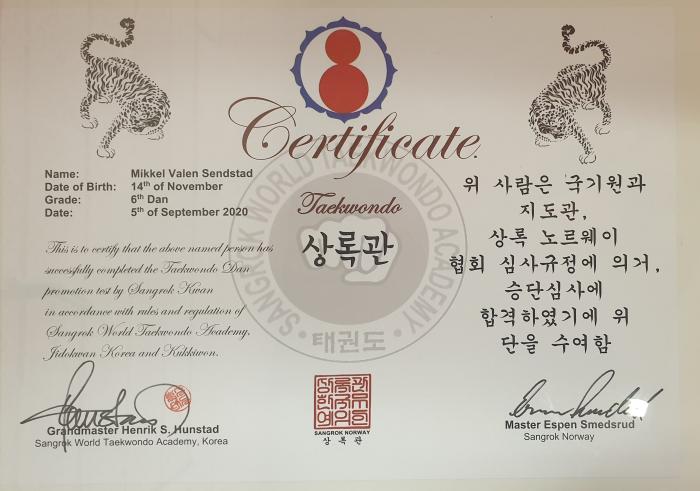 Black belt 6th dan · September 1, 2020 · Promoted by Grandmaster Henrik S Hunstad