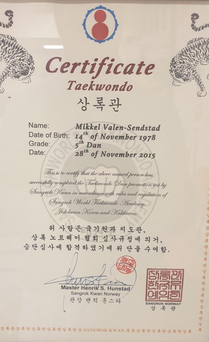 Black belt 5th dan · November 1, 2015 · Promoted by Grandmaster Henrik S Hunstad