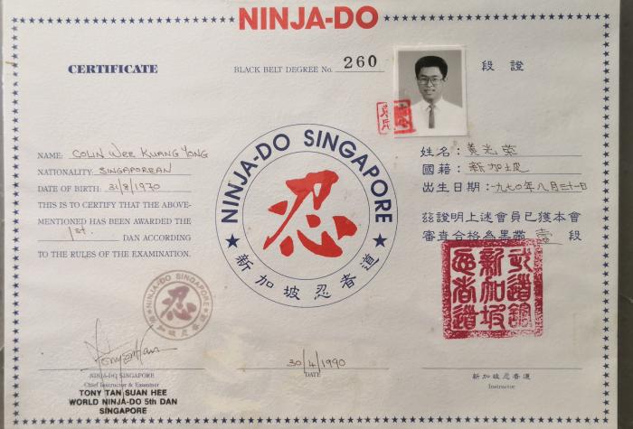 Black belt 1st dan · April 30, 1990 · Promoted by Tony Tan Suan Hee, Ninja-do Singapore