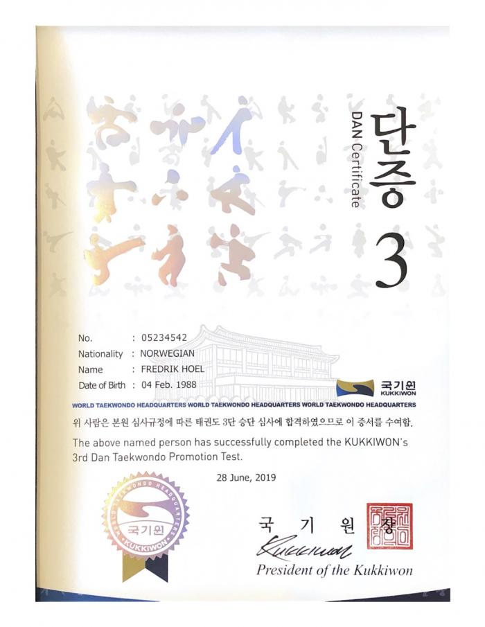 Black belt 3rd dan · June 15, 2019 · Promoted by Grandmaster Chang Seong Dong