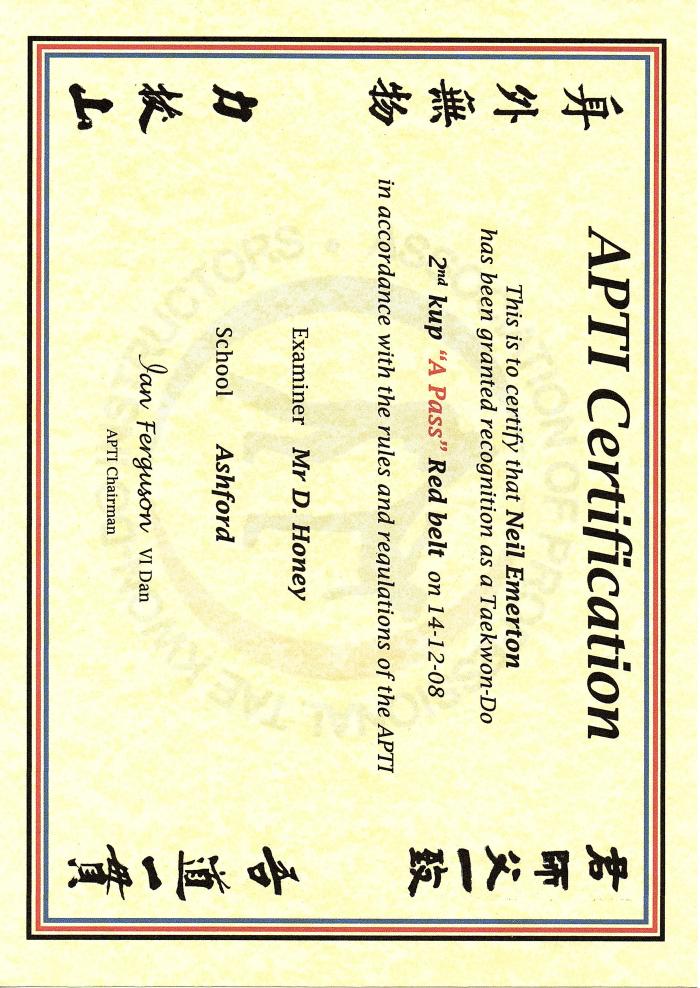 Red belt · December 14, 2008 · Promoted by Mr D. Honey