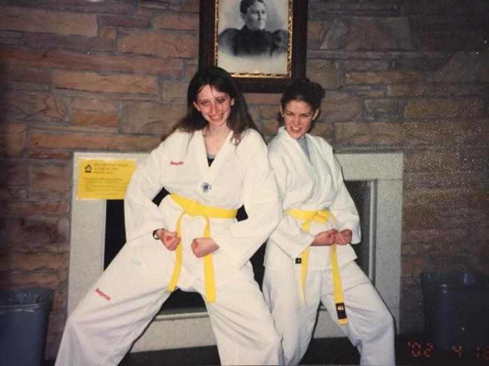 Left, 4-16-02. Karate yellow belt, TKD gi, but I had earned my TKD yellow belt by then.