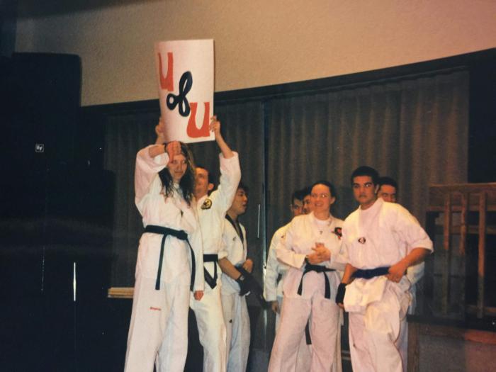BYU Taekwondo Club demonstration, c. April 2003. We did a BYU vs. UofU skit. I was one of the villains from the U of U.