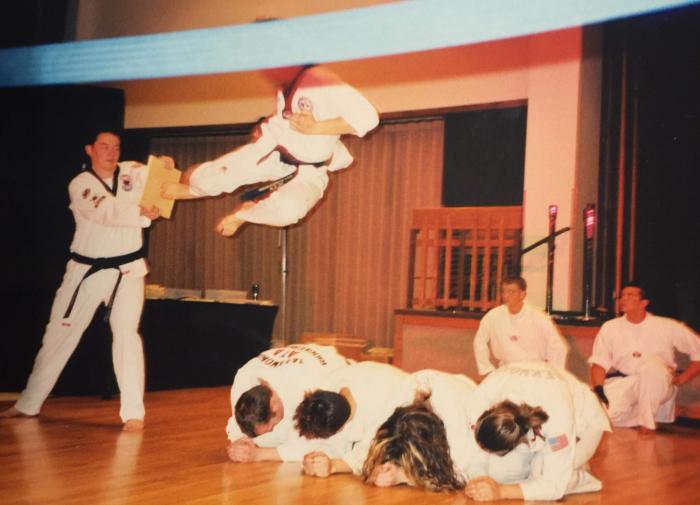 BYU Taekwondo Club demonstration, c. April 2003. I'm on the floor being jumped over.
