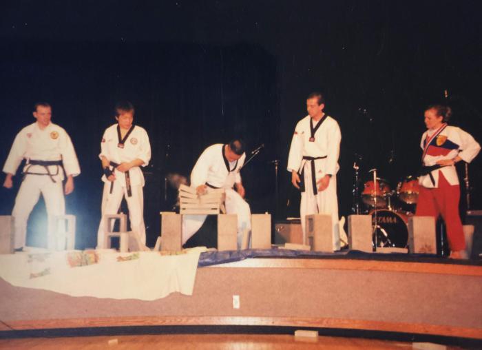 BYU Taekwondo Club demonstration, c. April 2003. Center: my coach Phal Kim. Center-right: my then-boyfriend Paul Meyers