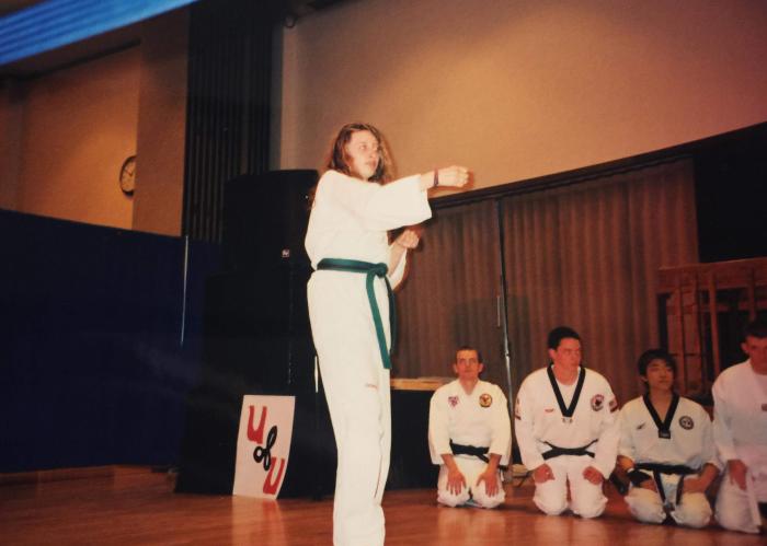 BYU Taekwondo Club demonstration, c. April 2003. Me doing a form, probably not very well!