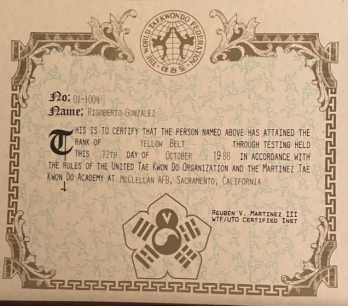 Yellow belt · October 12, 1988 · Promoted by Reuben V. Martinez