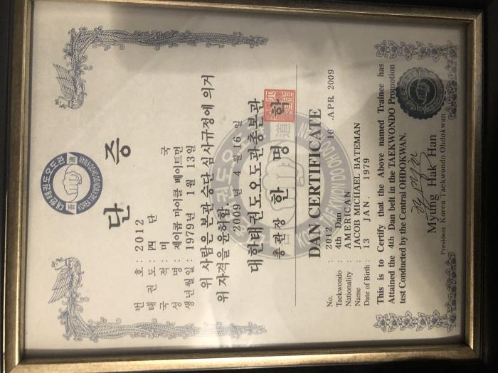 Black belt 4th dan · February 13, 2009 · Promoted by Han Myung Hak & Charles M. Bateman