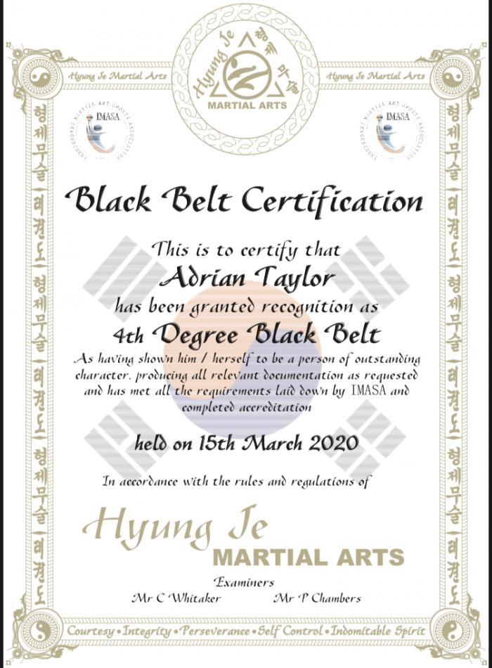 Black belt 4th dan · March 15, 2020 · Promoted by Mr P Chambers & Mr C Whitaker