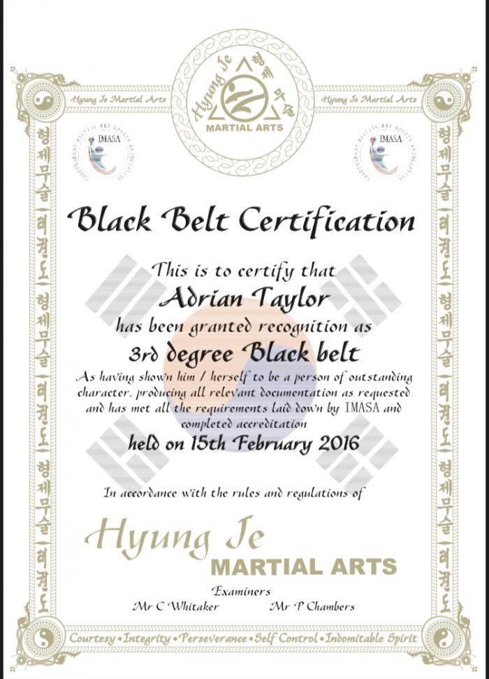 Black belt 3rd dan · February 15, 2016 · Promoted by Mr P Chambers & Mr C Whitaker