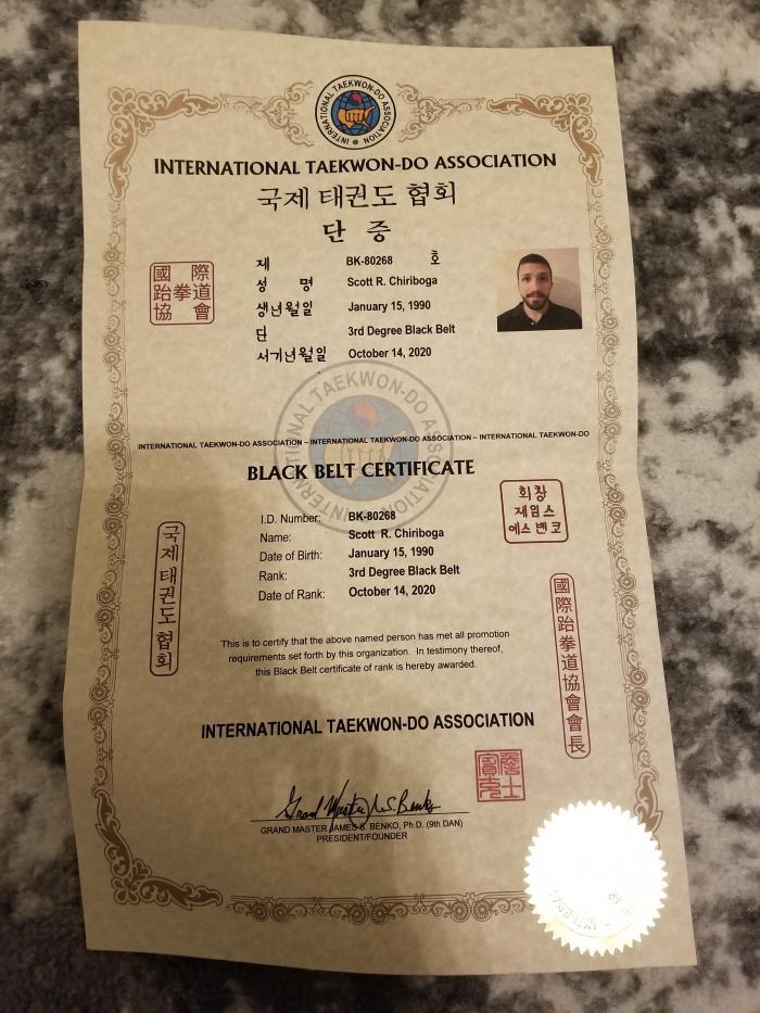 International Taekwon-Do Association Black Belt 3rd Degree Rank Certificate