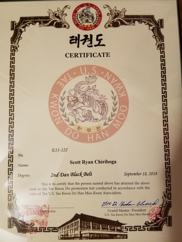 U.S. Tae Kwon Do Han Moo Kwan Association 2nd Dan Black Belt Rank Certificate