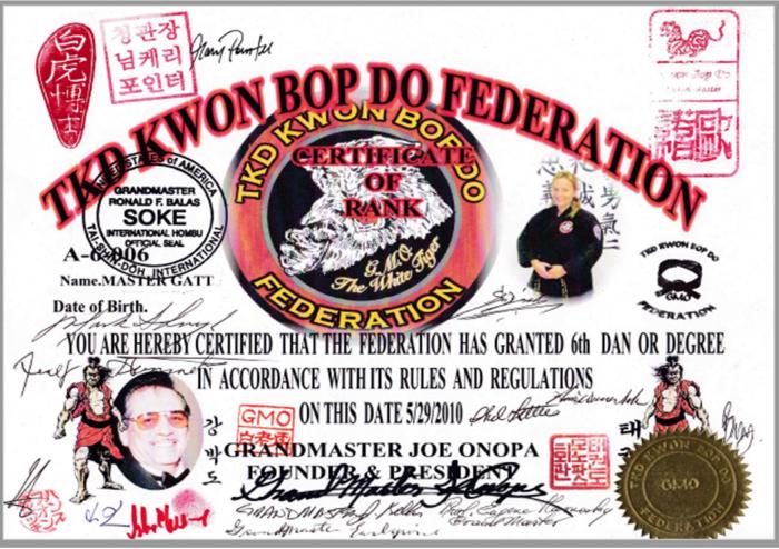 Black belt 6th dan · May 29, 2010 · Promoted by Grandmaster Joe Onopa, Grandmaster James Keller & Master Nick Donato