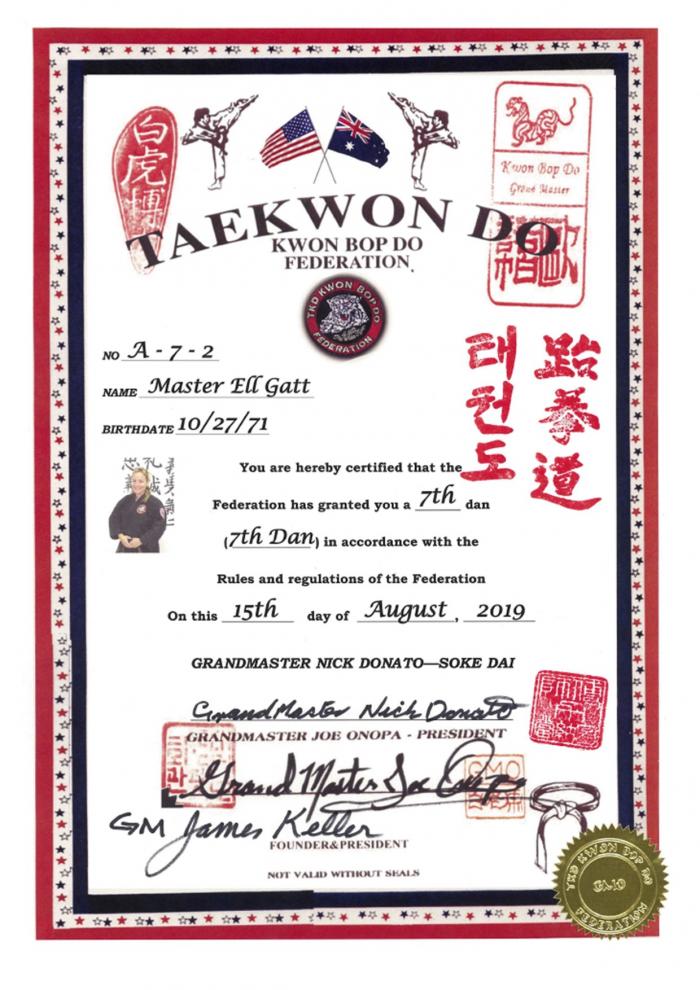 Black belt 7th dan · August 15, 2019 · Promoted by Grandmaster James Keller & Grandmaster Nick Donato