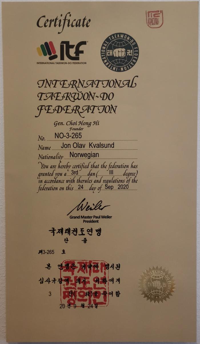 Black belt 3rd dan · September 24, 2020 · Promoted by Per Andresen