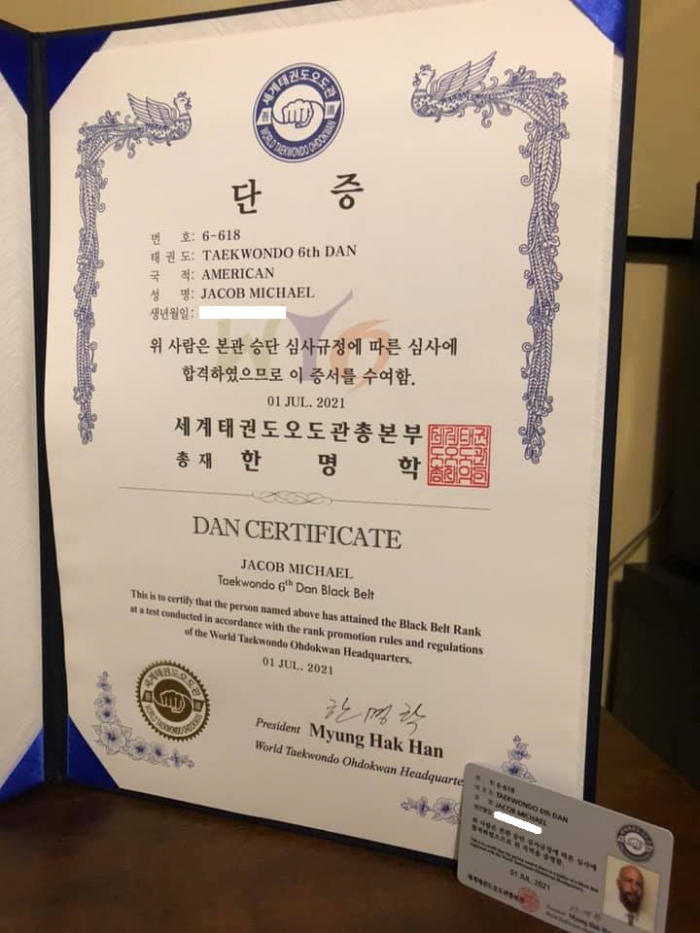 Black belt 6th dan · July 1, 2021 · Promoted by Han, Myung Hak