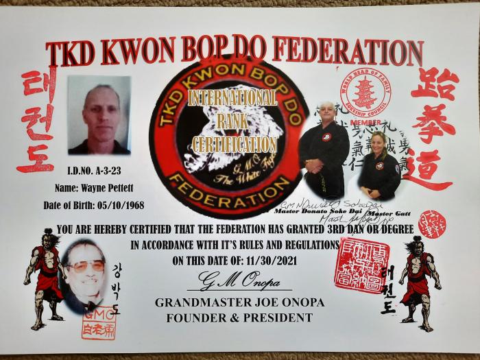 Black belt 3rd dan · November 30, 2021 · Promoted by GM Nick Donato, Master Ell Gatt