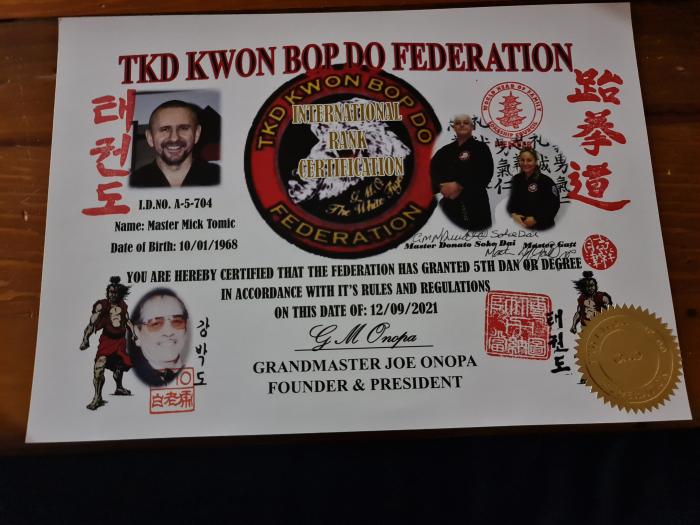 Black belt 5th dan · December 9, 2021 · Promoted by GM Nick Donato, Master Ell Gatt