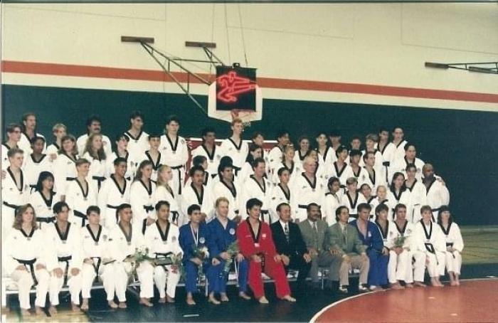 Black belt testing with Master Jay Warwick. I am seated front row third from the left. Master Jay Warwick in red with Masters Sang Lee, John Holloway and Dae Sung Lee.