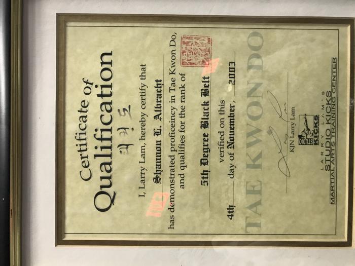 Black belt 5th dan · November 4, 2003 · Promoted by Larry Lam