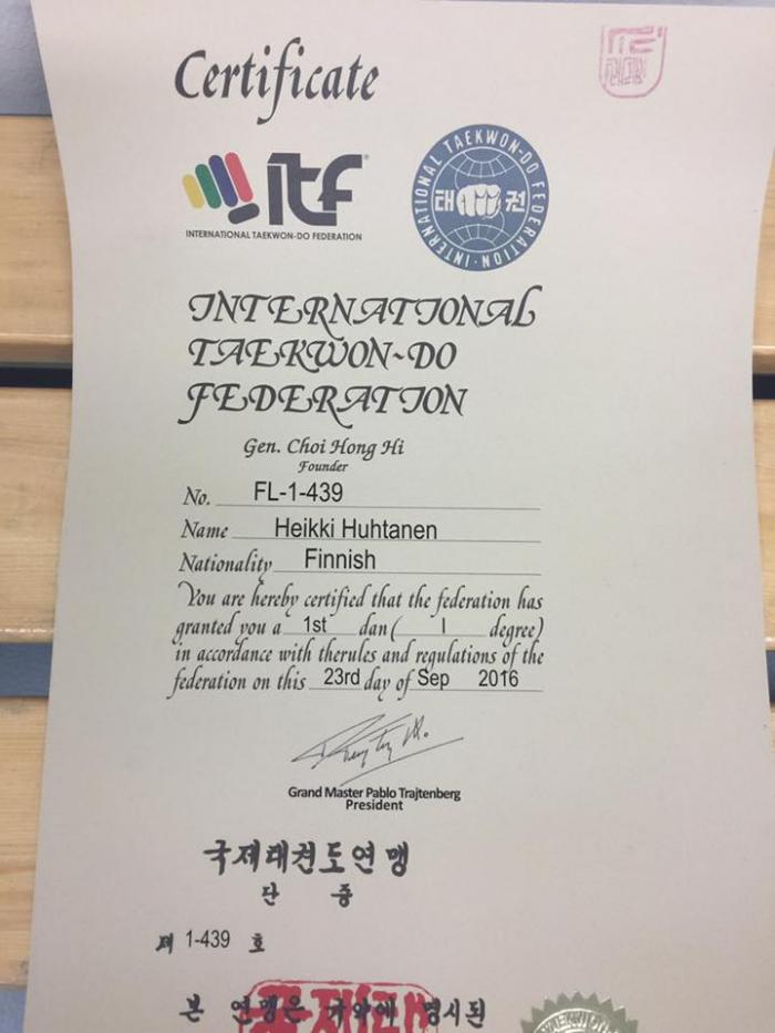 Black belt 1st dan · September 23, 2016 · Promoted by Teppo Häyrynen
