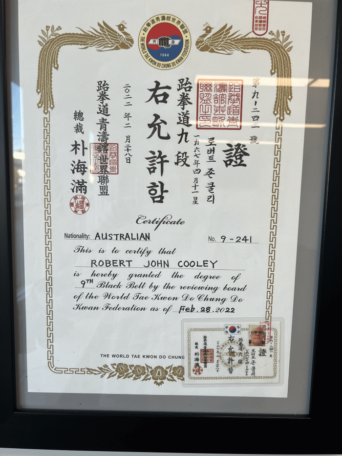 Black belt 9th dan · February 28, 2022 · Promoted by Reccomended GM Lee Chong Won, promoted GGM Park Hae Man President CDK