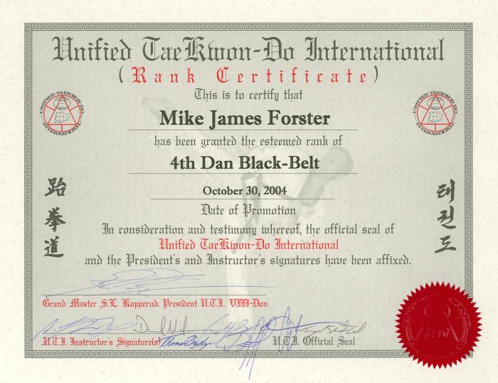 Black belt 4th dan · October 30, 2004 · Promoted by Scott Kopperud