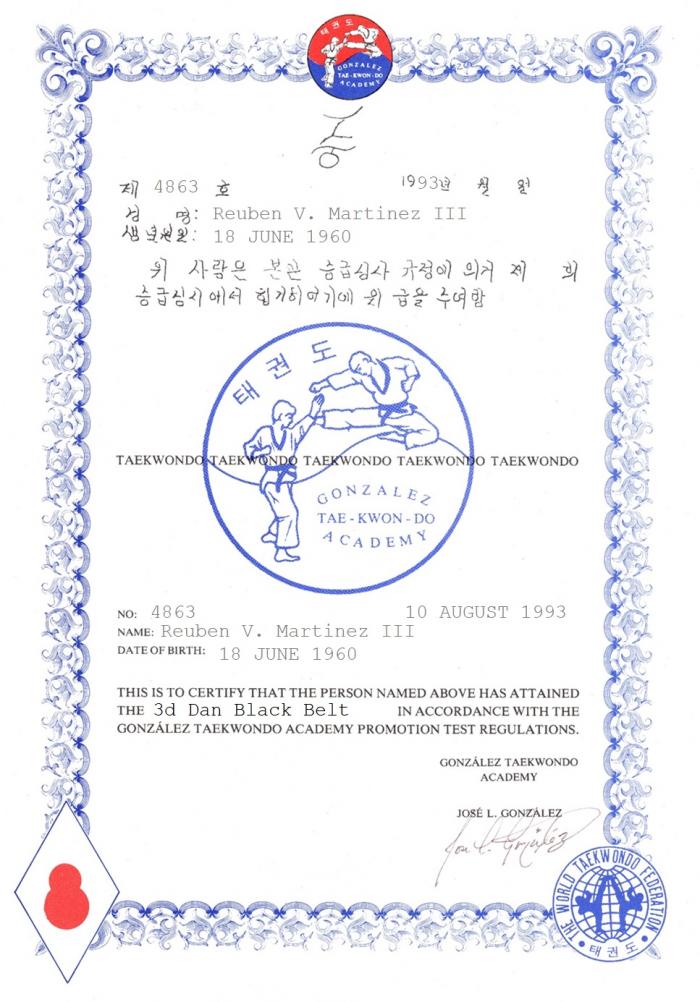 Black belt 3rd dan · August 10, 1993 · Promoted by Jose L. Gonzalez