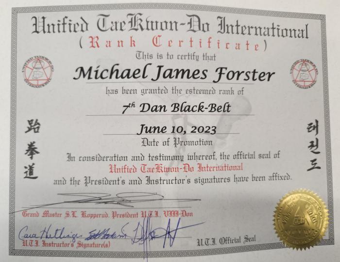 Black belt 7th dan · June 10, 2023 · Promoted by Grand Master Scott Kopperud