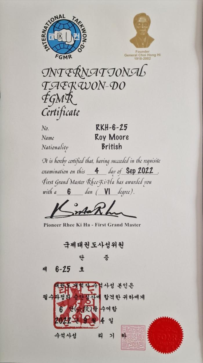 Black belt 6th dan · September 4, 2022 · Promoted by Pioneer Rhee Ki Ha - Grandmaster Ray O'Neill