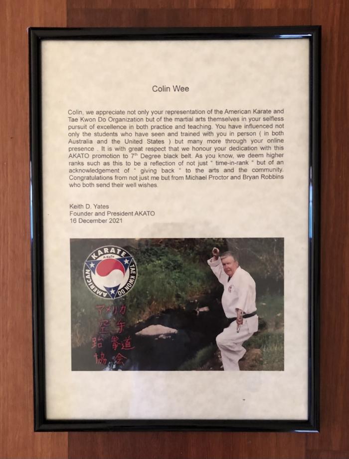 Black belt 7th dan · December 16, 2021 · Promoted by American Karate and Taekwondo Organization GM Keith Yates