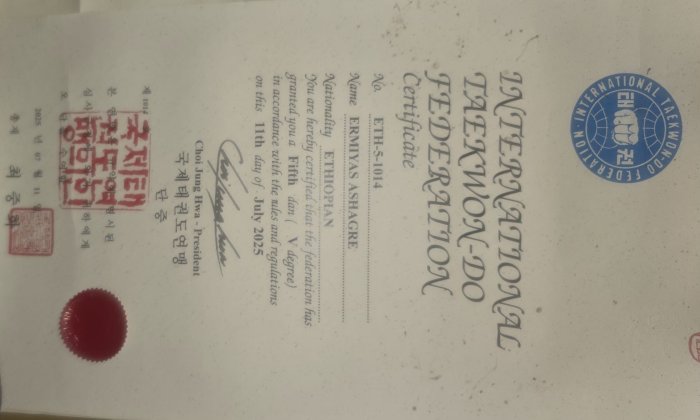 Black belt 5th dan · July 11, 2025 · Promoted by Master Kiros Gebremeskel